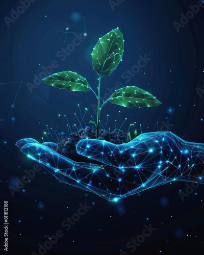 Abstract giving hand with young plant in soil Low poly style design Blue geometric background Wireframe light connection structure Modern 3d graphic concept Isolated vector illustr photo