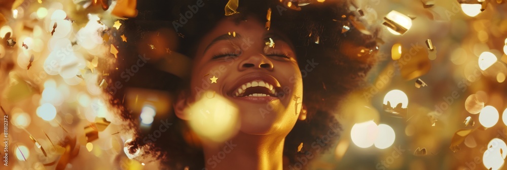 A woman with curly hair is surrounded by gold confetti, smiling A woman with curly hair is surrounded by gold confetti, smiling