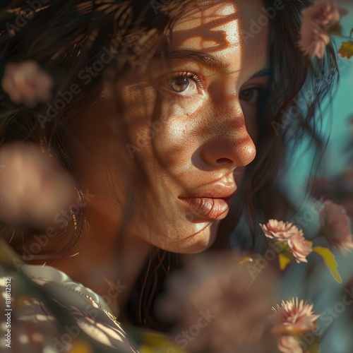 Close-up portrait of a beautiful young woman with curly hair Que Ban   and light makeup. She is standing in a field of flowers  and the