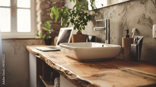 Wooden counter with sink and laptop in bathroom closeu