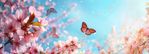 Beautiful spring cherry blossoms background, butterflies, created with AI