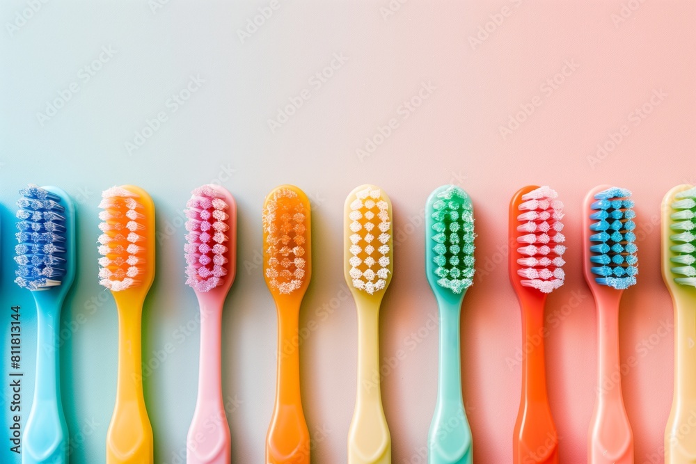 A row of colorful toothbrushes lined up on a table A row of colorful toothbrushes lined up on a table