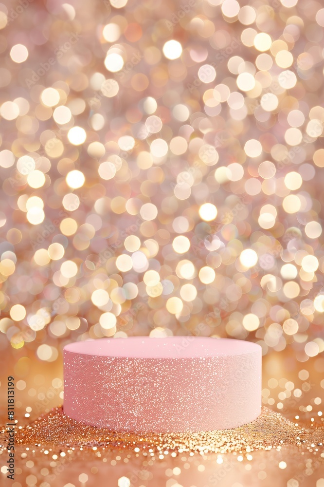 A pink pedestal with a gold background and glittery dust A pink pedestal with a gold background and glittery dust