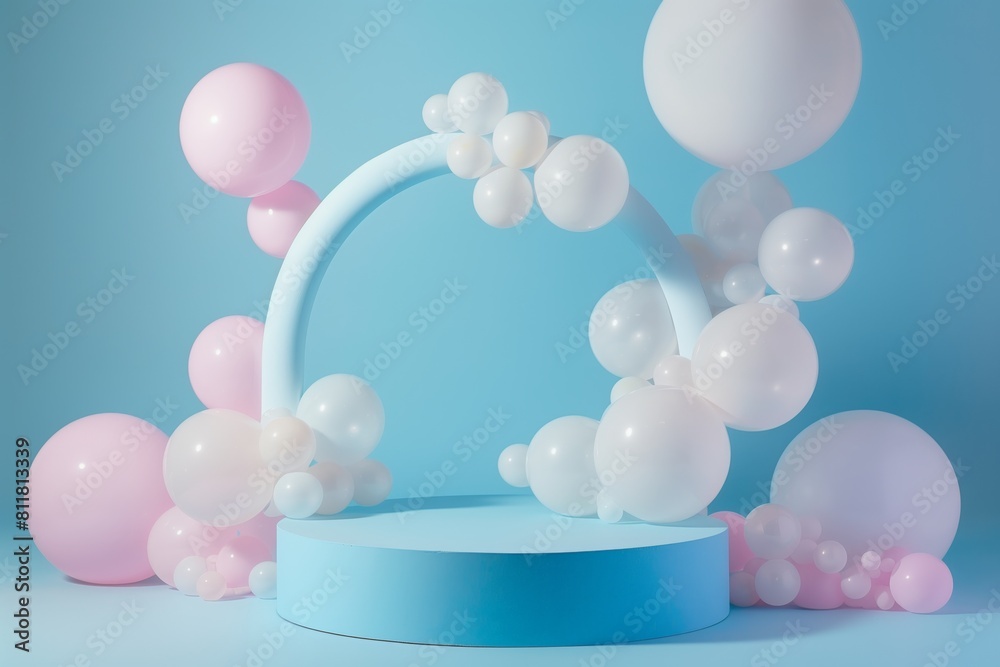 A blue pedestal with pink and white balloons surrounding it A blue pedestal with pink and white balloons surrounding it