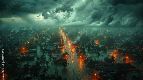 Aerial view of the city under dark storm clouds. Flooded roads.