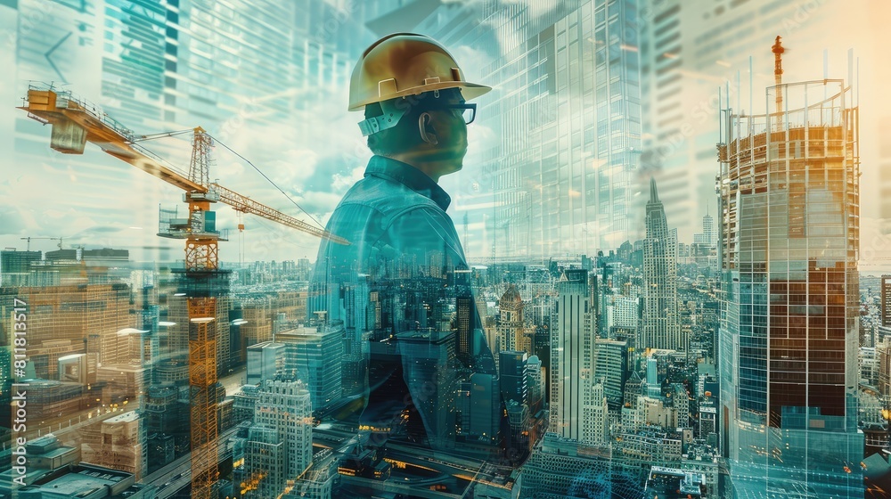 Progressive Construction: Architect superimposed on city development plans. Progressive Construction: Architect superimposed on city development plans.