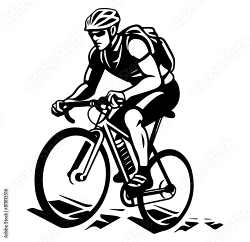 Black and white silhouette of a man cycling swiftly on a road bike, captured in a streamlined and modern vector style.