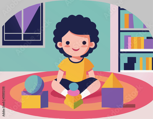 Illustration of a young child happily playing with colorful building blocks in a vibrant and cheerful room setting.