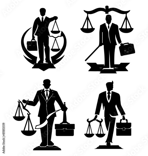 Collection of four black and white silhouettes of male lawyers holding briefcases and scales of justice, symbolizing law and order.