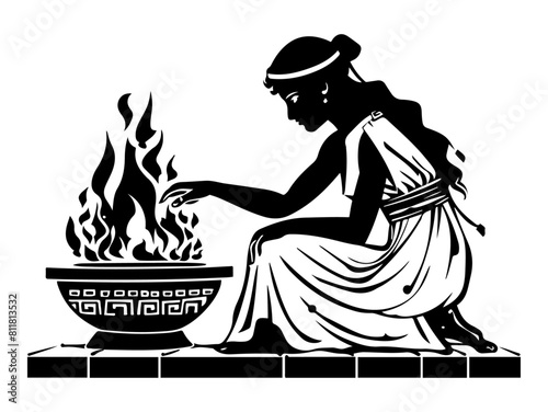 Silhouette of an ancient Greek woman in traditional dress, tending to a sacred fire on an altar.