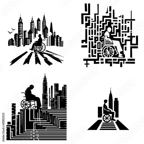 accessible urban environment; icon; wheelchair access; cityscape; black and white; urban design; accessibility; inclusive design; vector illustration; city icon; disability access; infrastructure; mod