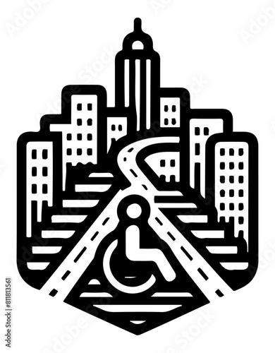 A bold black and white icon representing an accessible urban environment with wheelchair-friendly infrastructure in a cityscape.