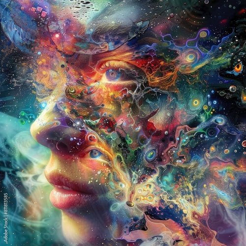 The image is an abstract painting of a woman's face