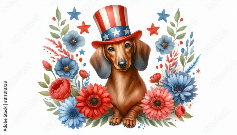 Naklejka premium Dachshund Dog 4th July Watercolor Animal Patriotic with American Flag Celebration USA (United State) Art Cute Cartoon For Independence Day Memorial Day Clip Art