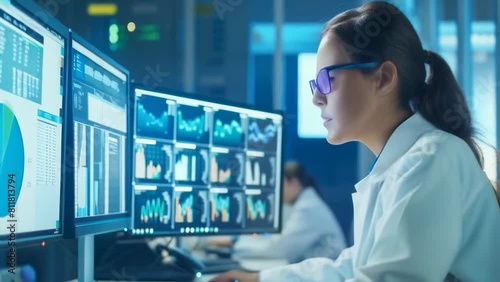 Female data scientist examining complex data sets on large monitors in high-tech laboratory. It emphasizes role of women in STEM fields, focusing on data interpretation and decision-making processes