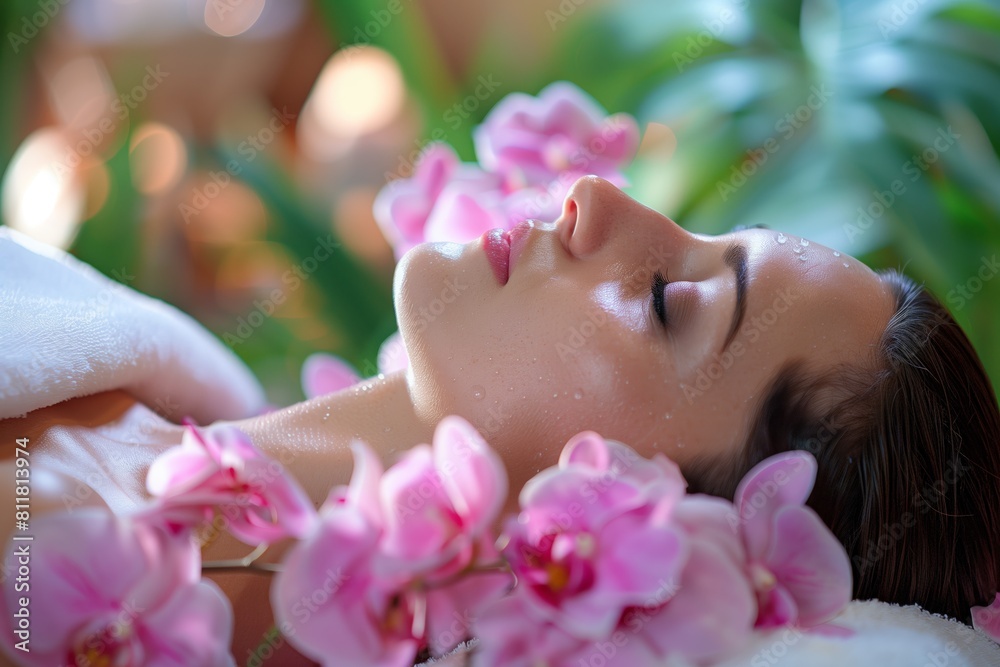 Obraz premium A woman is laying on a bed with a bunch of pink flowers on her head