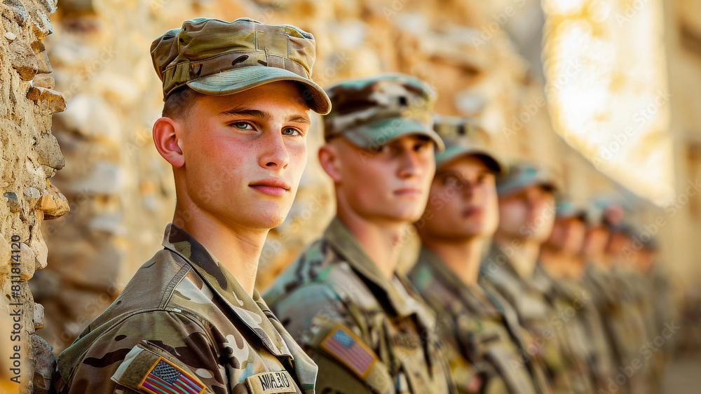 A group of young soldiers in uniform standing in a line with a warm outdoor backdrop, showing strength and dedication. A group of young soldiers in uniform standing in a line with a warm outdoor backdrop, showing strength and dedication.