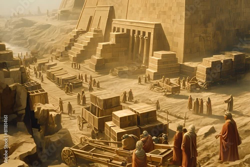 Slaves building Egypt pyramids, cartoon, ancient Jewish in biblical Egypt exhile scene	