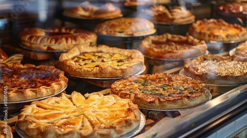 Savory Sensation: Pies and quiches displayed in a bakery window.