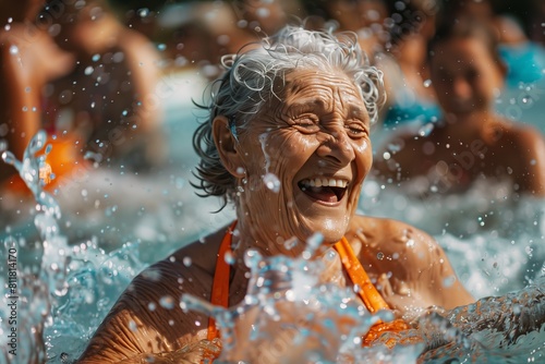 A woman in an orange bathing suit is laughing and splashing water