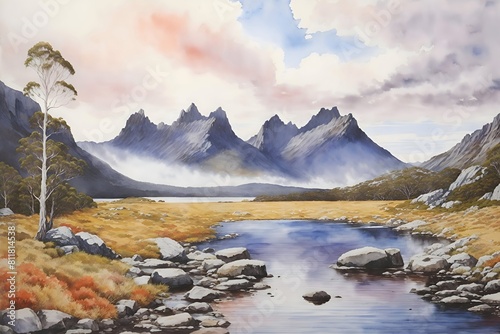 Cradle Mountain Lake St. Clair National Park Australia Country Landscape Illustration Art photo