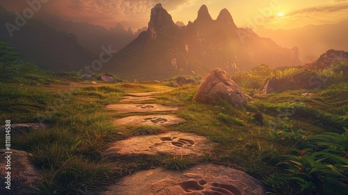 Spiritual Journey: Footprints on a path leading to a mountain temple.