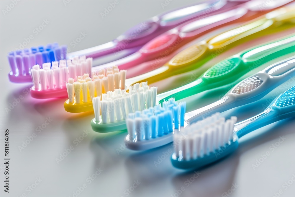 A row of colorful toothbrushes are lined up on a table A row of colorful toothbrushes are lined up on a table