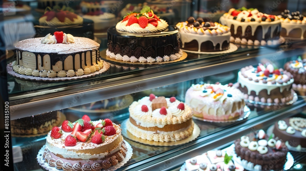 Tempting Treats: Display case filled with decadent cakes and desserts. Tempting Treats: Display case filled with decadent cakes and desserts.