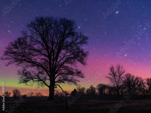 Aurora night landscape with moon and tree © Pattadon