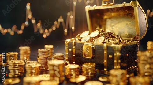 Treasure Trove: Chest overflowing with gold bars and coins against rising graph.