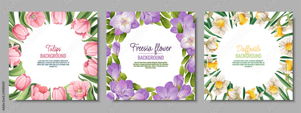 Set of banner templates with spring flowers. Postcard, poster with tulips, daffodils, freesia. Vector illustration of delicate flowers in cartoon style for card, invitation, background, etc. Set of banner templates with spring flowers. Postcard, poster with tulips, daffodils, freesia. Vector illustration of delicate flowers in cartoon style for card, invitation, background, etc.