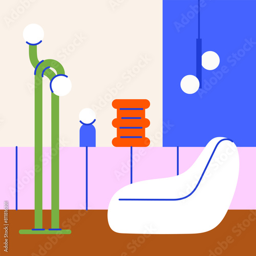 Midcentury interior flat scene. Modern room with furniture lamps and decor vector illustration. Cozy apartments in scandinavian minimalist style