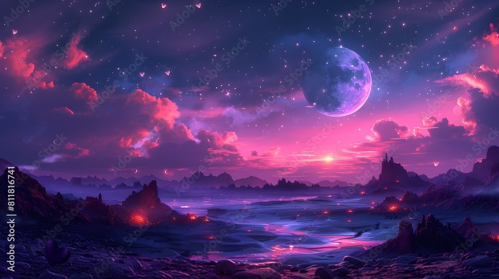 Tranquil Night Sky Crescent Moon and Glowing Hearts Adorning a Purple Cosmos