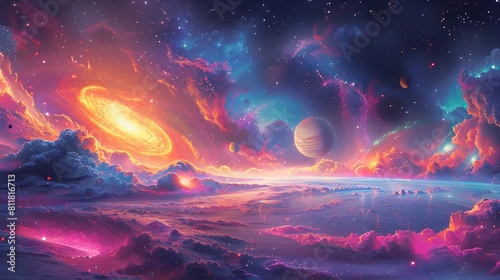 Vibrant Colorful Galactic Journey A Visual of Planets Moons and Stars