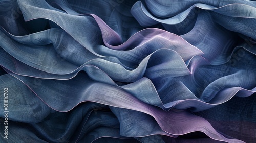 3d render, abstract background with folded textile ruffle, violet blue cloth macro