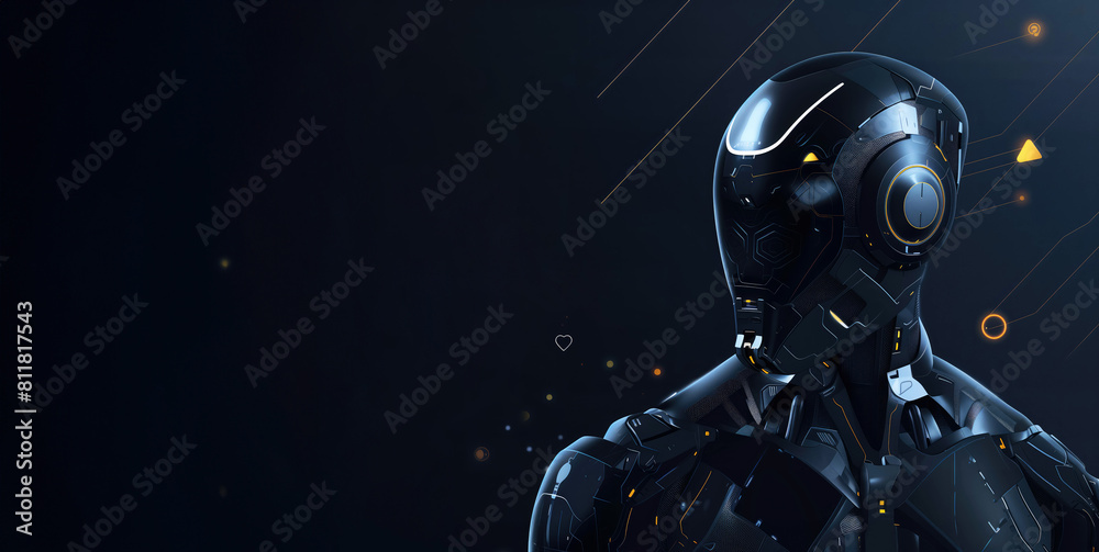 Black Cyber Robot Portrait on Dark Background with Place For Text Black Cyber Robot Portrait on Dark Background with Place For Text
