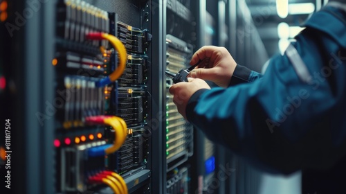 A man in electric blue engineering attire is performing gestures while working on a server in a data center. AIG41 photo