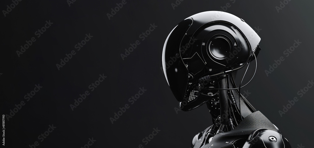 Black Cyber Robot Portrait on Dark Background with Place For Text Black Cyber Robot Portrait on Dark Background with Place For Text