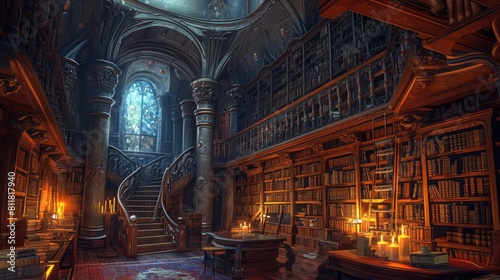 An ancient library with towering bookshelves, hidden alcoves, and magical glowing manuscripts. Resplendent. photo
