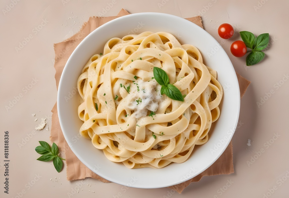 Bowl of fettucini alfredo with garnish isolated on transparent background, top-down view, view from above, delicious Italian pasta dish food for menu. generative ai Bowl of fettucini alfredo with garnish isolated on transparent background, top-down view, view from above, delicious Italian pasta dish food for menu. generative ai