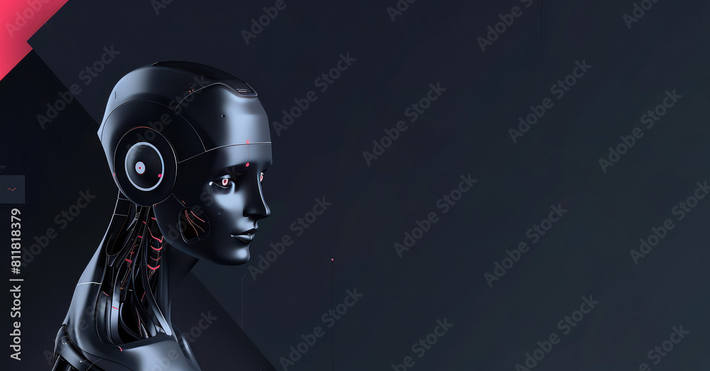 Black Cyber Robot Portrait on Dark Background with Place For Text Black Cyber Robot Portrait on Dark Background with Place For Text