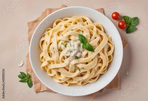 Bowl of fettucini alfredo with garnish isolated on transparent background, top-down view, view from above, delicious Italian pasta dish food for menu. generative ai
