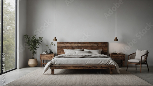 A rustic wooden bed frame stands tall against a stark white wall  Generative AI