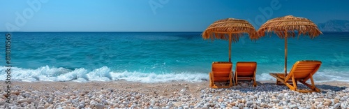 Two empty seats under palm leaf parasols stand on the beach with a beautiful blue sea in the background   Serene Beach Getaway - 4K Wallpaper Featuring Palm Leaf Umbrellas