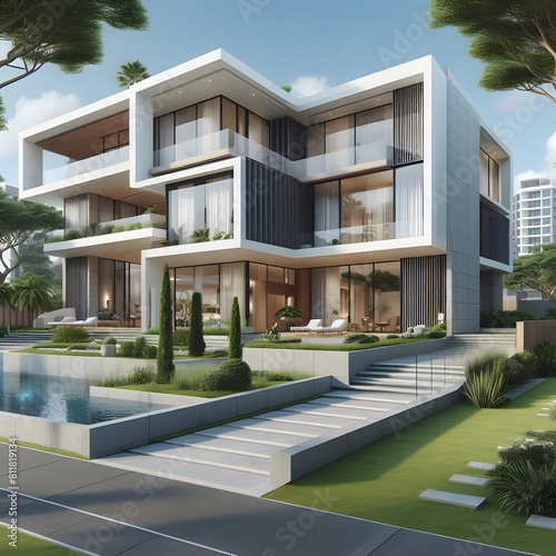 Modern luxury minimalist cubic home,Residential architecture exterior villa with glass walls and landscaping design front yard.