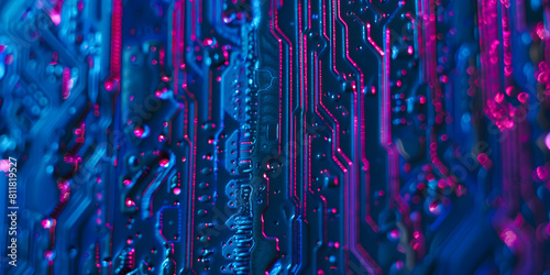 Placa de circuito azul com linhas brilhantes photo