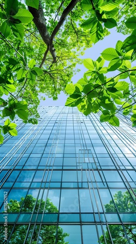 Ecofriendly building in the modern city Green tree branches with leaves and sustainable glass building for reducing heat and carbon dioxide Office building with green environment G