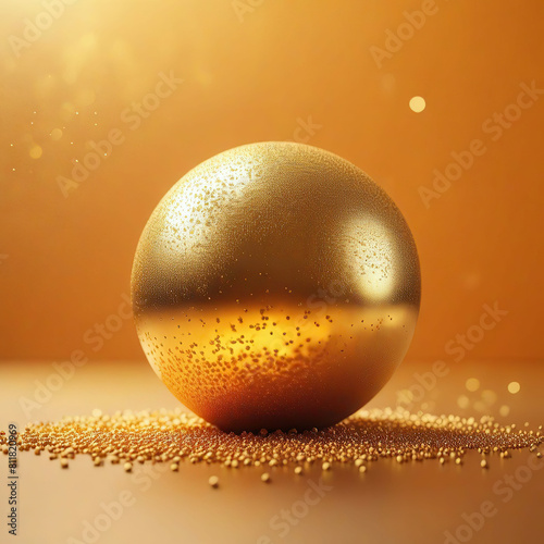 Abstract 3d render of golden sphere with confetti on orange background