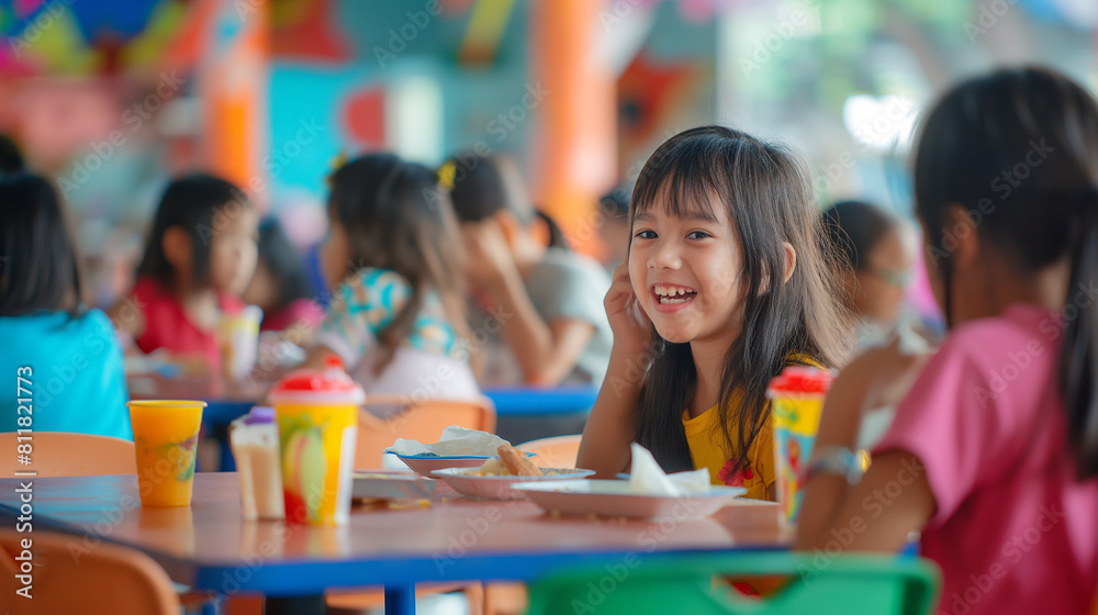 Children sit at tables chatting and laughing as they enjoy lunchtime with friends, swapping stories and sharing snacks amidst the lively atmosphere of camaraderie. Children sit at tables chatting and laughing as they enjoy lunchtime with friends, swapping stories and sharing snacks amidst the lively atmosphere of camaraderie.