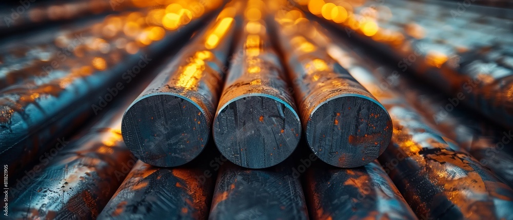 A detailed image of steel round bars stacked in rows in a warehouse ...